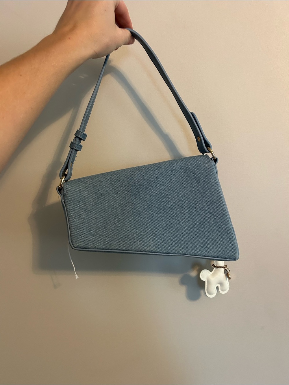 Blue Denim Shoulder Bag with Decorative Charm - Picture 2 of 6